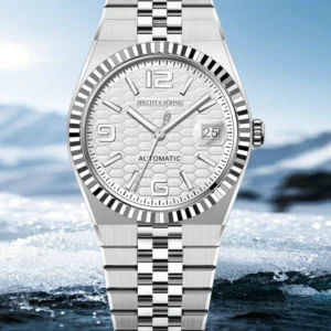 Silver automatic watch with honeycomb dial.