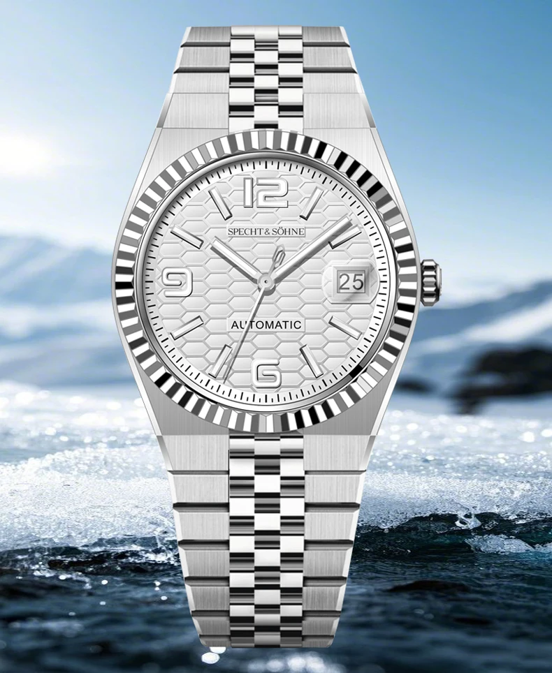 specht & söhne new mens watches miyota 8215 automatic mechanical wristwatches stainless steel watch relogio masculino 37mm Silver automatic watch with honeycomb dial.