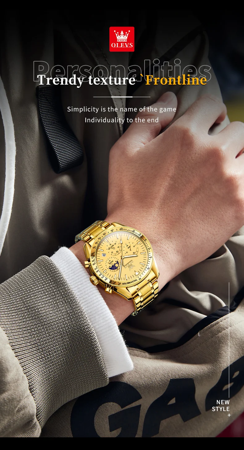 olevs brand new luxury rose gold quartz watch men stainless steel waterproof luminous date moon phase chronograph watches mens gold watch on man's wrist