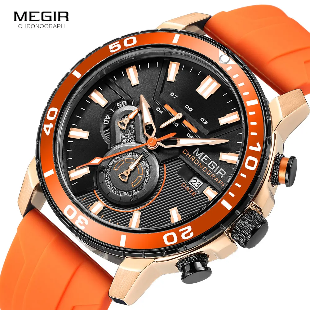 megir orange sport watch for men fashion waterproof silicone strap chronograph quartz wristwatch with auto date luminous hands Orange and gold chronograph watch