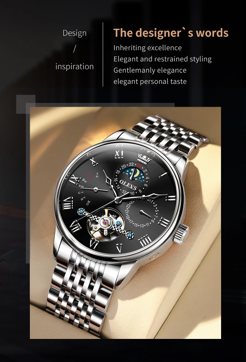 olevs tourbillon moon phases watch men luxury sports waterproof automatic mechanical wristwatch calendar week men's watches Men's elegant silver wristwatch.