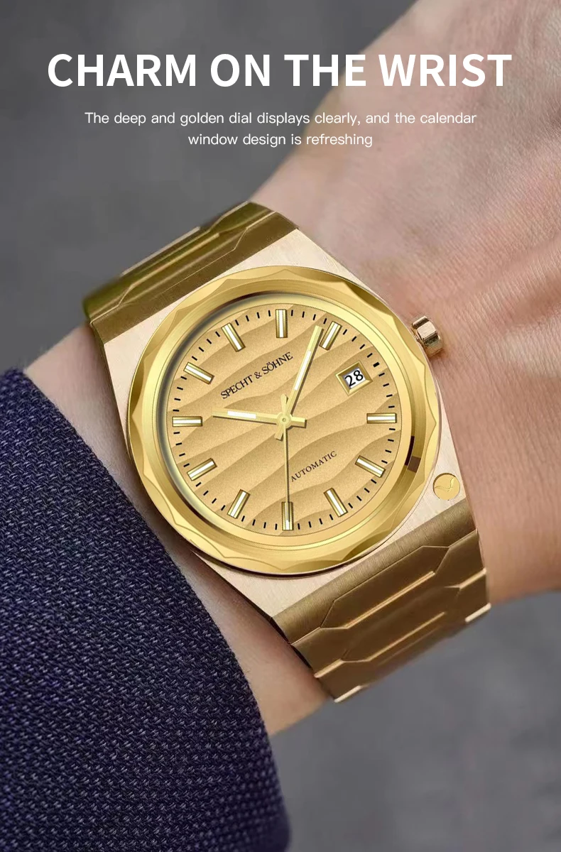 2025 new specht&sohne 222 gold watch luxury men's watches automatic mechanical wriswatch miyota 8215 movt sports wristwatch 37mm Gold automatic watch on wrist