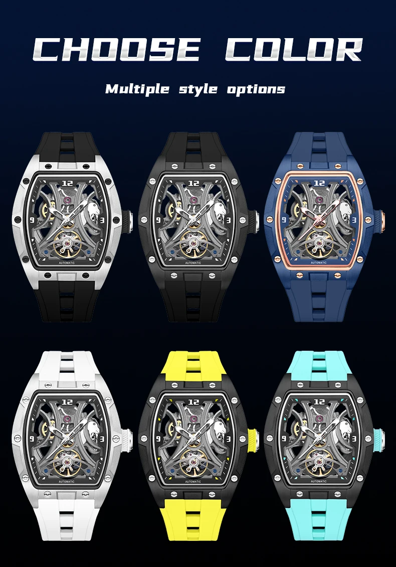 megir sports style automatic mechanical watch for men full hollow transparent dial design stainless steel case silicone strap Multiple color watch options
