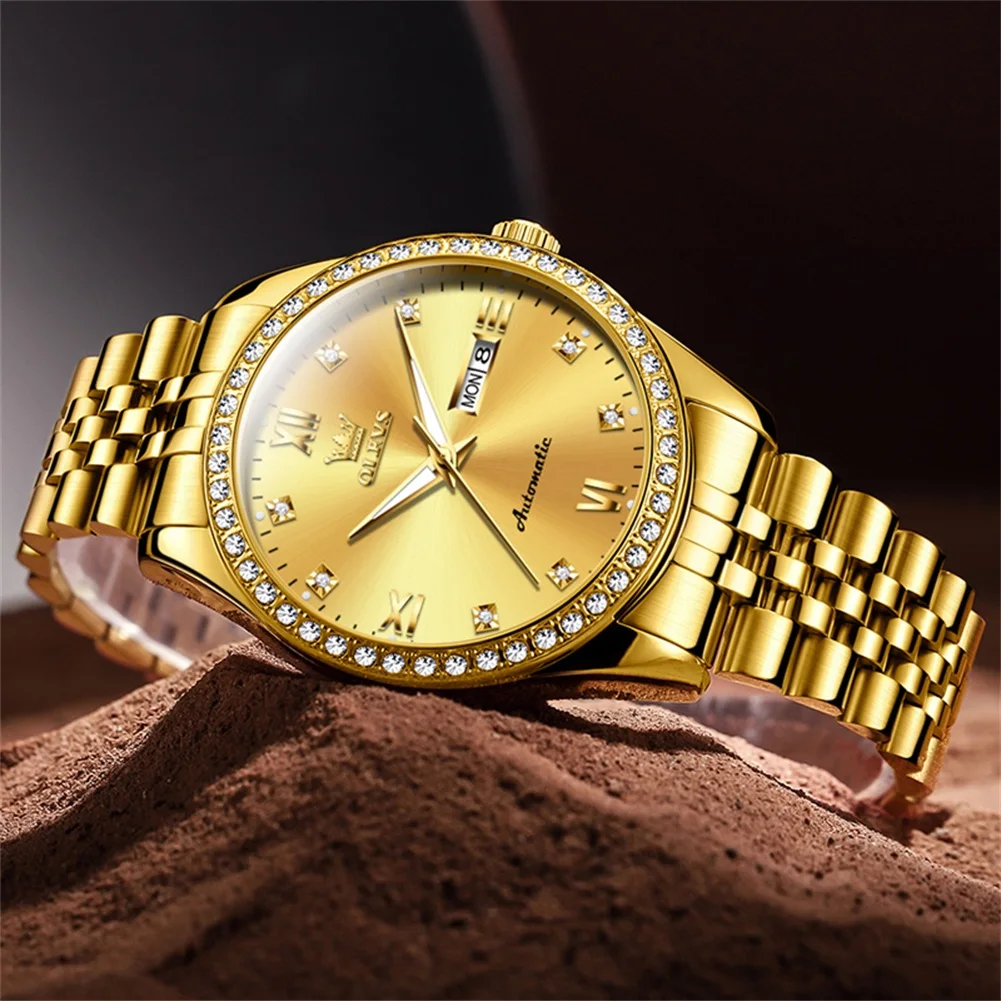 olevs new diamond business men watch top brand luxury watch waterproof date stainless steel automatic mechanical wristwatch Golden watch with diamonds
