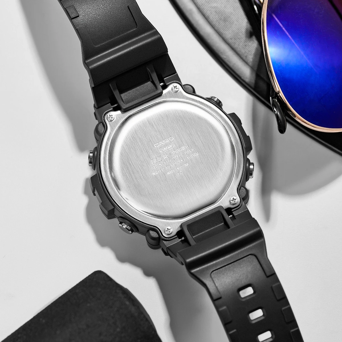 casio watch for men vintage square relogio masculino 2026 new model ae 1500whc series Back of black wristwatch.