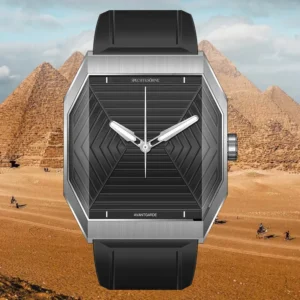 Avantgarde watch against pyramids.