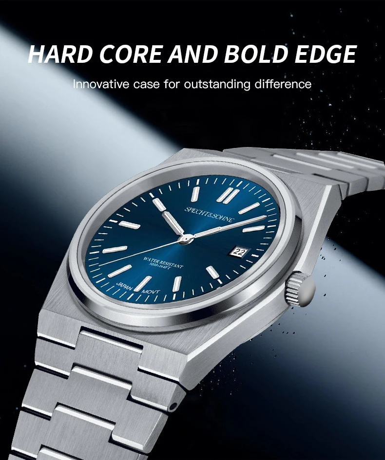 2025 new high quality specht&sohne 37mm men's watches quartz movt pvd gold sapphire stainless steel classic watch 50m waterproof Blue dial watch with metal band