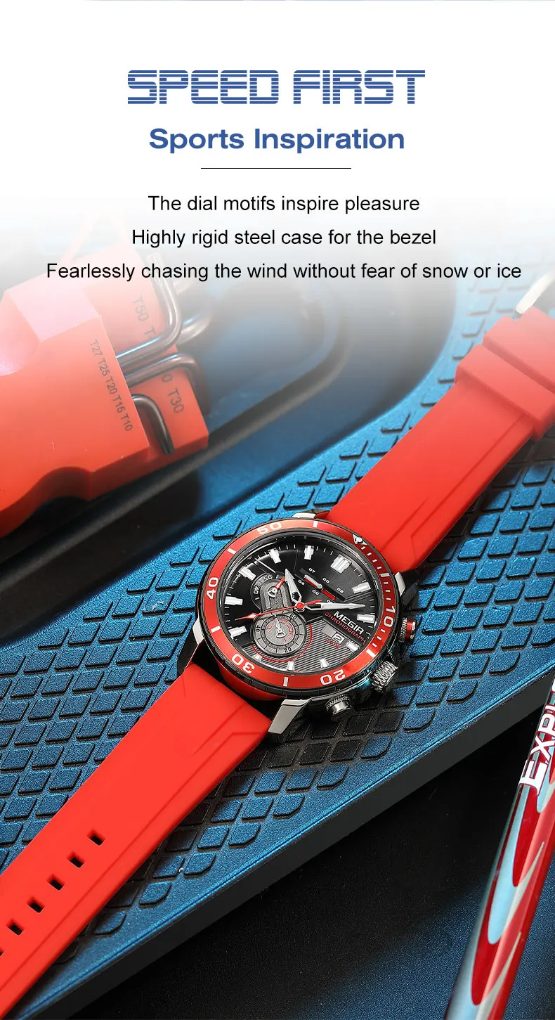megir orange sport watch for men fashion waterproof silicone strap chronograph quartz wristwatch with auto date luminous hands Red sports watch with black dial