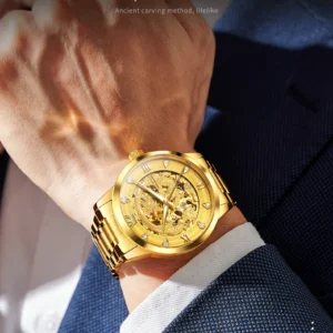 Gold dragon engraved automatic watch