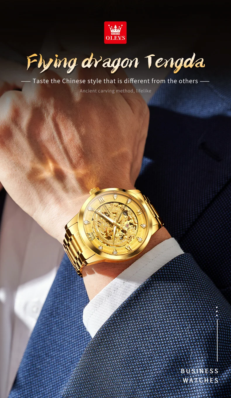 olevs gold steel dragon dial automatic watch men full steel waterproof miyota mechanical mens watches top brand luxury relogio Gold dragon engraved automatic watch