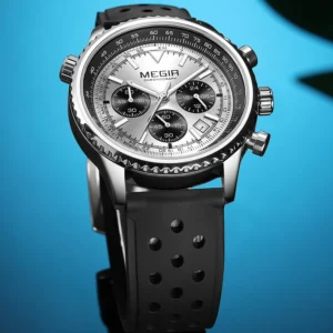 Silver chronograph watch with black band