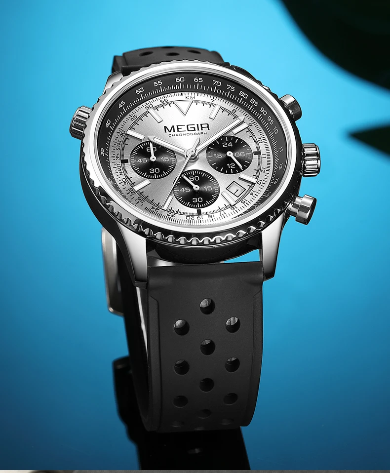 megir silver black quartz watch men military sport chronograph wristwatch with silicone strap luminous hands auto date 2236 Silver chronograph watch with black band