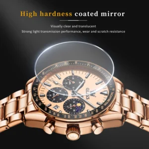 Rose gold watch with crystal.