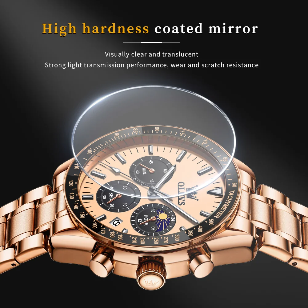 olevs brand new luxury rose gold quartz watch men stainless steel waterproof luminous date moon phase chronograph watches mens Rose gold watch with crystal.