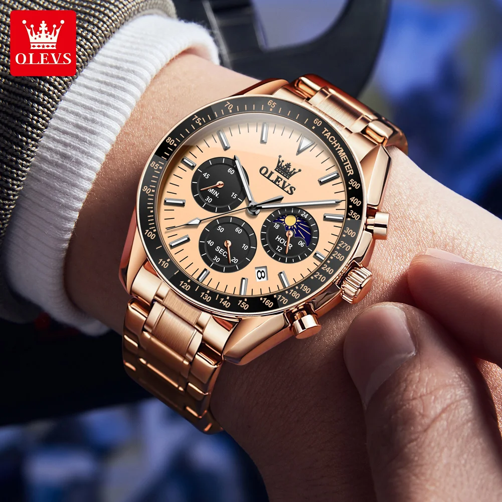 olevs brand new luxury rose gold quartz watch men stainless steel waterproof luminous date moon phase chronograph watches mens Rose gold analog watch