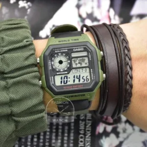 Green digital watch with leather bands