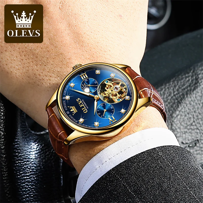 olevs brand gold blue classic moon phase automatic men watches tourbillon mechanical watch men leather waterproof reloj Gold mechanical watch with blue dial