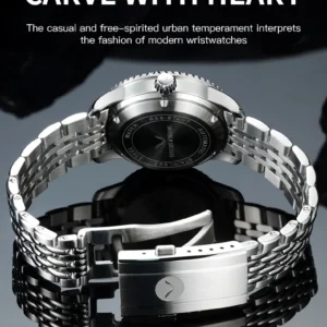 Stainless steel wristwatch with buckle.