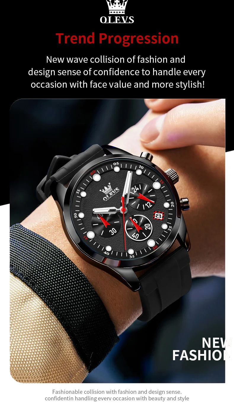 olevs brand sports quartz watch for men fashion silicone strap waterproof luminous chronograph watches mens relogio masculino Black chronograph watch on wrist