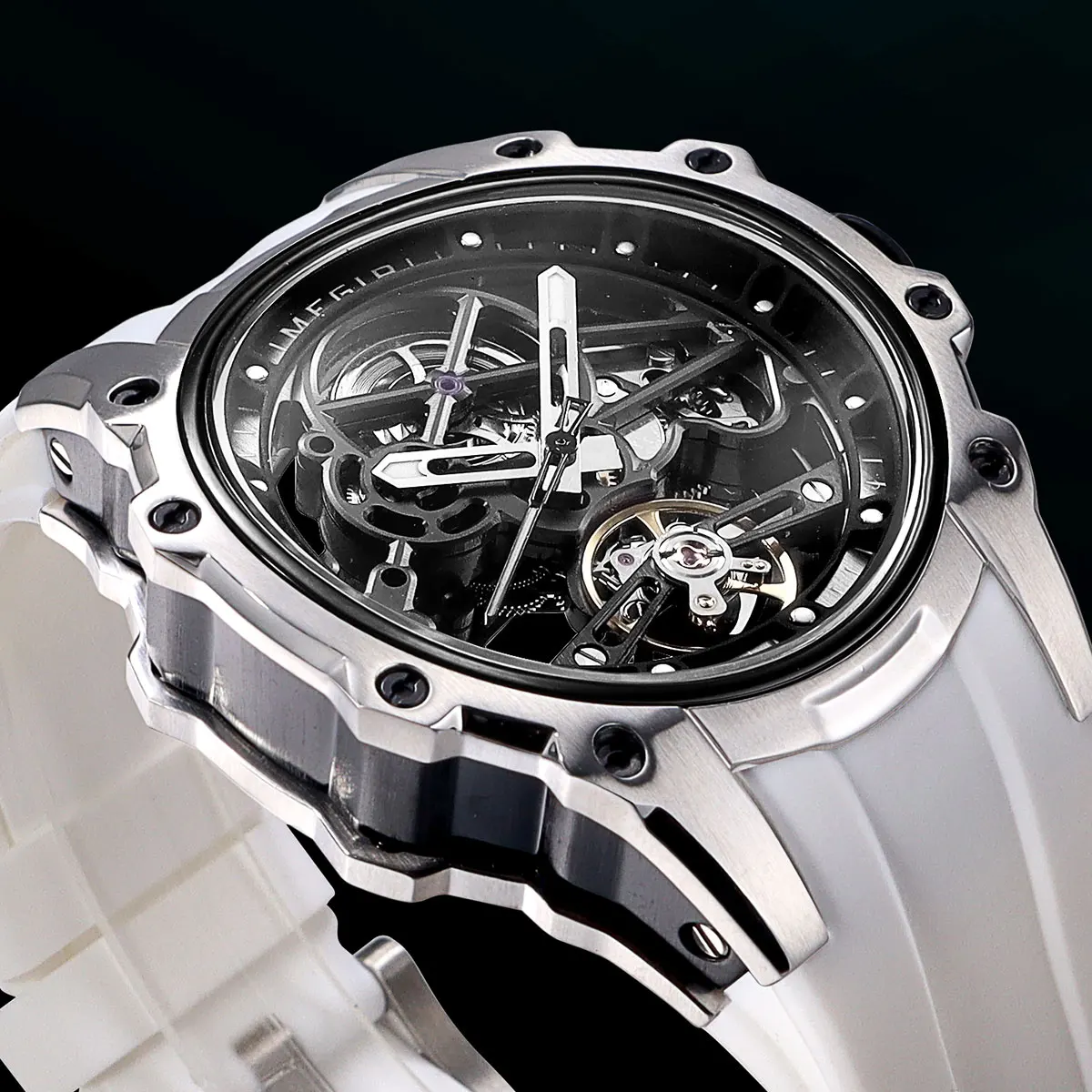 megir skeleton dial automatic mechanical watch men stainless steel case waterproof luminous sport wristwatch with silicone strap Skeleton automatic watch