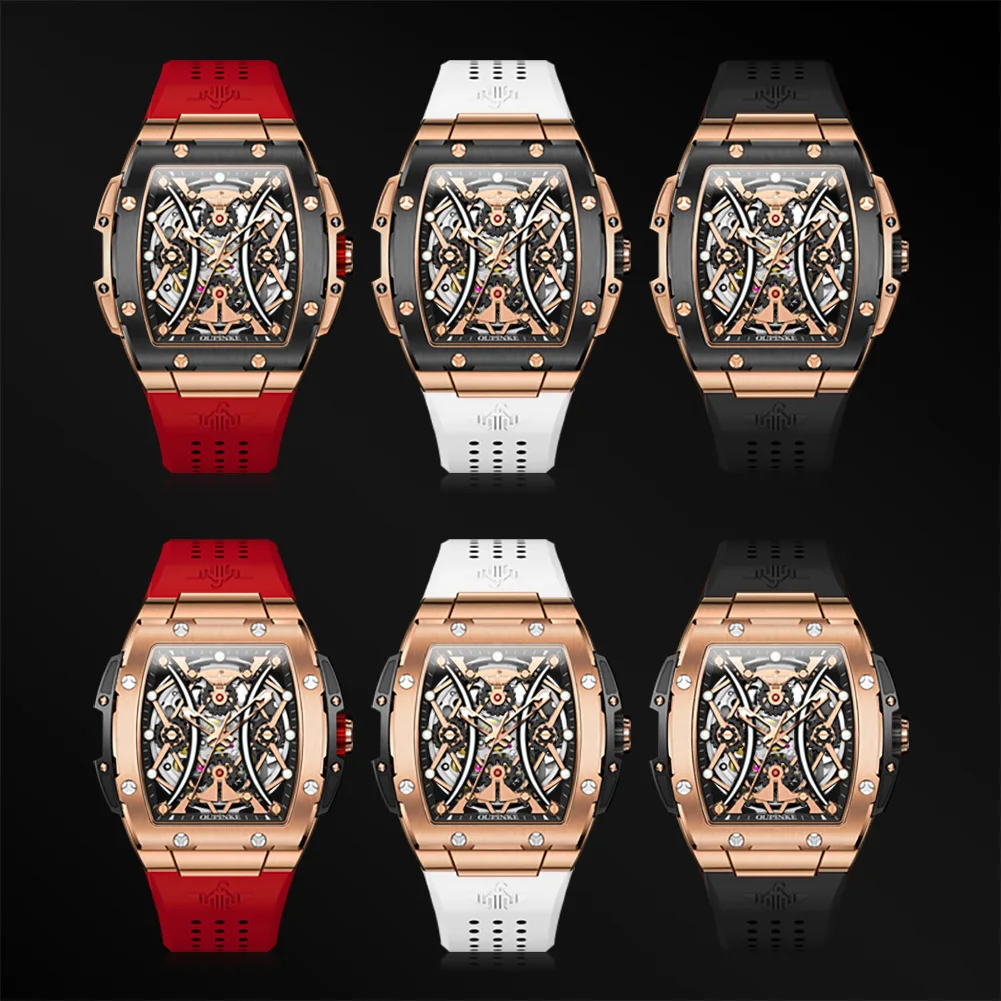 oupinke men's watches classic luxury tonneau dial top brand original automatic mechanical wristwatch silicone strap sapphire new Assorted skeleton watches display