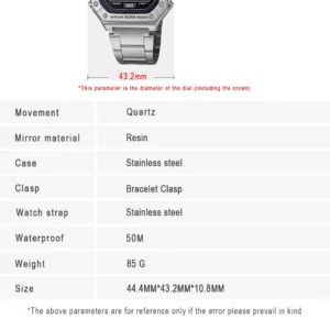 Silver digital watch specifications.