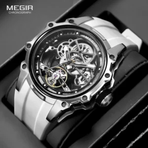 Skeleton automatic wristwatch with white strap