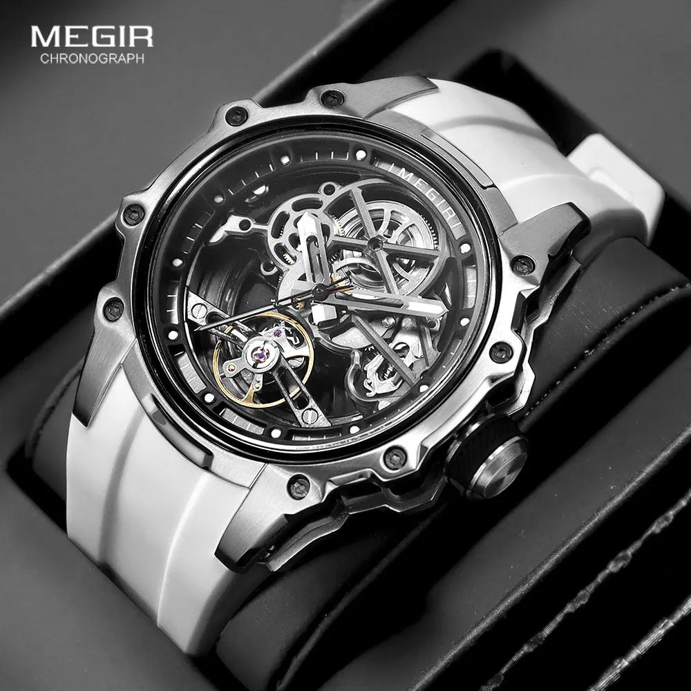 megir skeleton dial automatic mechanical watch men stainless steel case waterproof luminous sport wristwatch with silicone strap Skeleton automatic wristwatch with white strap