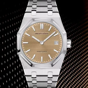 Silver watch with tan dial