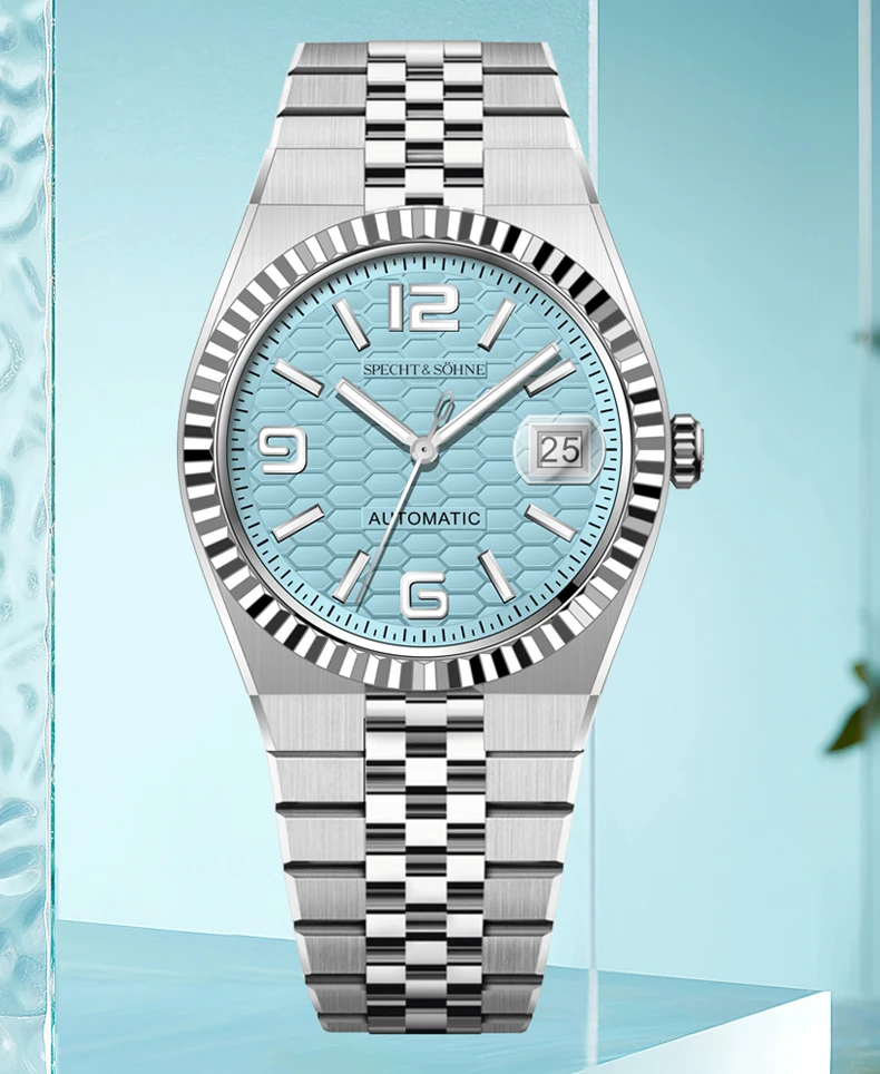 specht & söhne new mens watches miyota 8215 automatic mechanical wristwatches stainless steel watch relogio masculino 37mm Silver watch with light blue dial